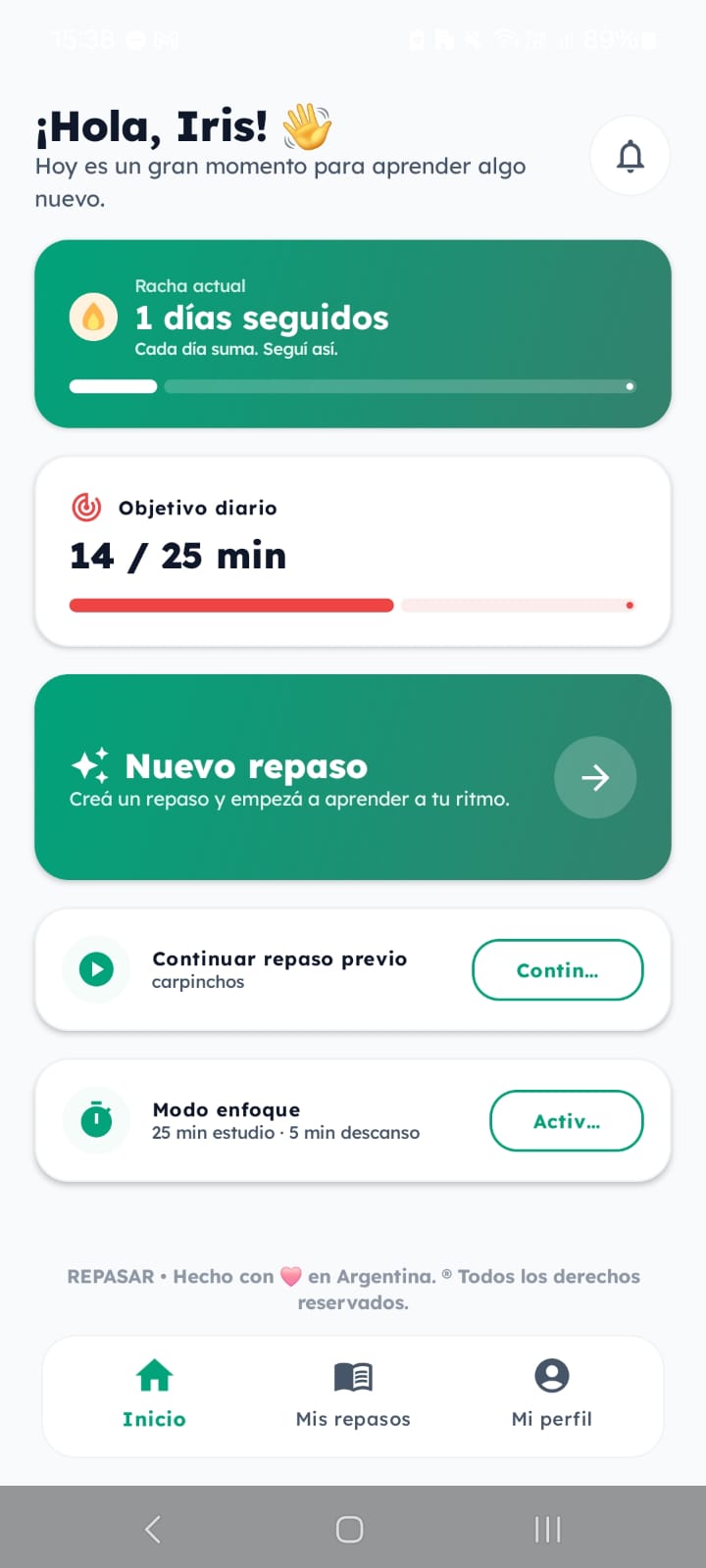Pantalla de inicio de la app Repasar